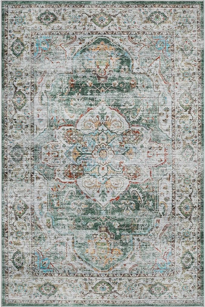 10x14 Area Rugs,Ultra-Thin Washable Rugs for Living Room,Non-Slip Lightweight Foldable Area Rug,Stain Resistant Vintage Large Rugs (Green,10'x14')