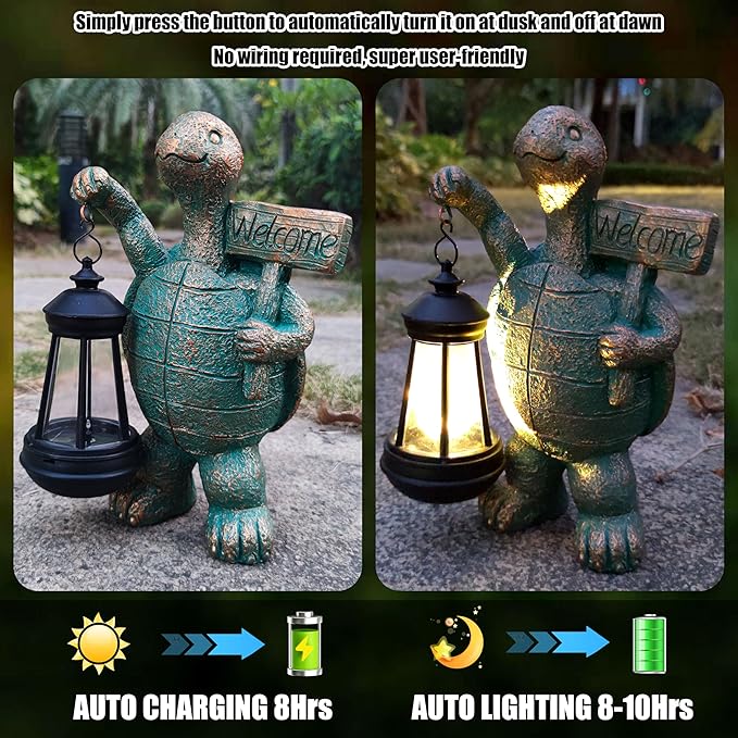 Turtle Garden Statue Outdoor Décor with Solar Lights Lantern,Turtle Solar Light Figurines Outside Decorations for Yard,Lawn,Patio, Balcony, Unique Housewarming Gifts