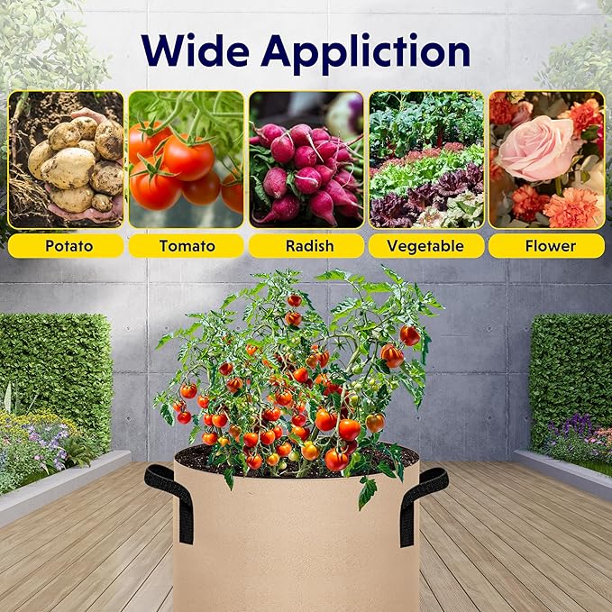 iPower 5-Pack 7 Gallon Plant Grow Bags Thickened Nonwoven Aeration Fabric Pots Heavy Duty Durable Container, Strap Handles for Garden, Tan