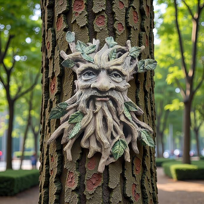 Whimsical Tree Face Garden Decoration ,Tree Faces Decor Outdoor Wallmounted Statue Art with Leaf Features, Outdoor Decor Garden Accessory (Nature and Outdoors)