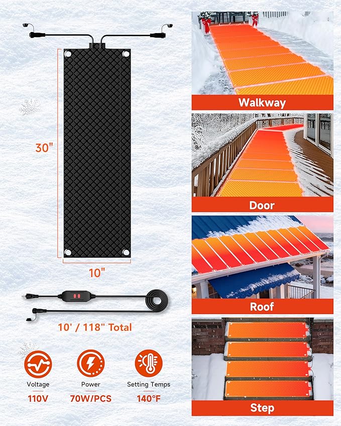 Heated Snow Melting Mat for Stairs, 1 Pack 10" x 30" Heated Outdoor Mats Graphene 2.0 Ice Melting Tread, Connectable for Outdoor Steps & Walkway