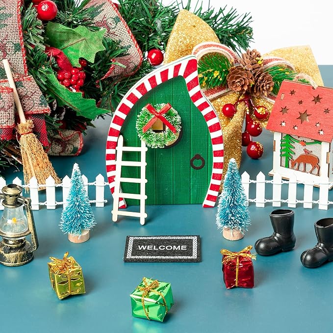 Haooryx Christmas Elf Garden Miniatures - 16Pcs Christmas Elf Magic Fairy Doors Decoration Kit Wooden Miniature Fairy Doors Wall Fairies Christmas Winter Xmas New Year Decor(Bevel Angle Doorframe)