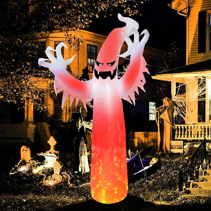 Dearsun 12FT H Giant Halloween Inflatable Ghost with Built-in Red Fire Flame Led Lights Inside, Huge Blow up Ghost Jumbo Scary Spooky Ghost Decor for Party Yard Decoration