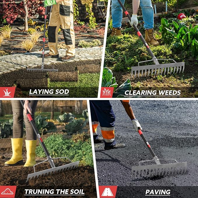 17 Tines Garden Rake Heavy Duty Bow Rake with Adjustable Handle Metal Rake for Gardening Farming