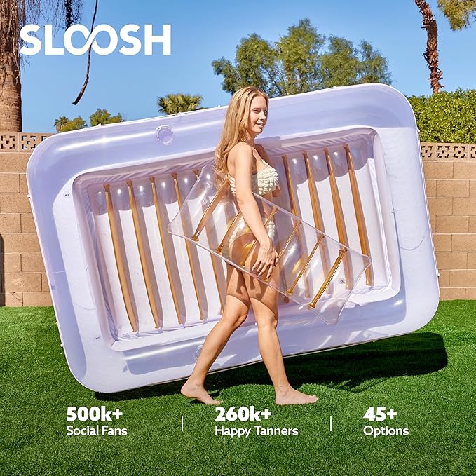 SLOOSH Inflatable Tanning Pool Lounger Float, 85" x 57" Extra Large Pool Floats Adult with Pillow, 4 in 1 Suntan Tub Raft Floatie,Sunbathing Bed Lounge for Water Blow Up Ball Pit, XL-Golden White