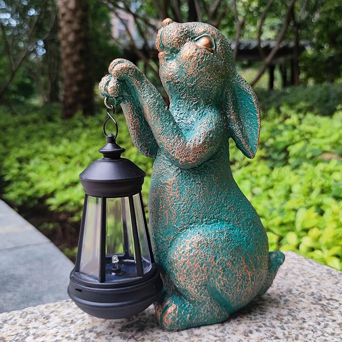 Rabbit Garden Statue Outdoor Décor with Solar Lights Lantern,Rabbit Solar Light Figurines Outside Decorations for Yard,Lawn, Patio, Balcony, Unique Housewarming Gifts