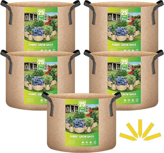 iPower 5-Pack 25 Gallon Plant Grow Bags Thickened Nonwoven Aeration Fabric Pots Heavy Duty Durable Container, Strap Handles for Garden, Tan New