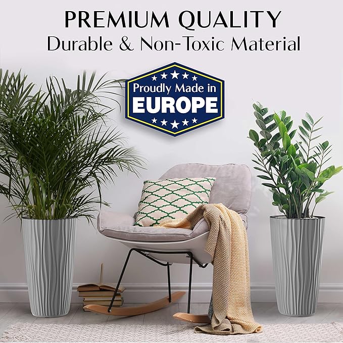 Mueller M-Resin Heavy Duty Tall Planter, Indoor/Outdoor Grande Plant, Tree, Flower Pot, 2-Piece Set, 24”, Modern Design, Built-in Drainage, Light Grey