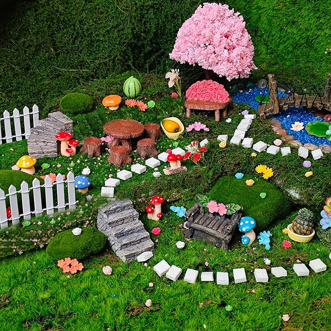 Fairy Garden Kit with 118 Pieces, Miniature Resin Figurines, Mushrooms, Bridge, Steps, Moss, Faux Flowers, Fake Fence, Crystal Gravel & Garden Accessories for DIY Fairy Gardens and Miniature Dioramas