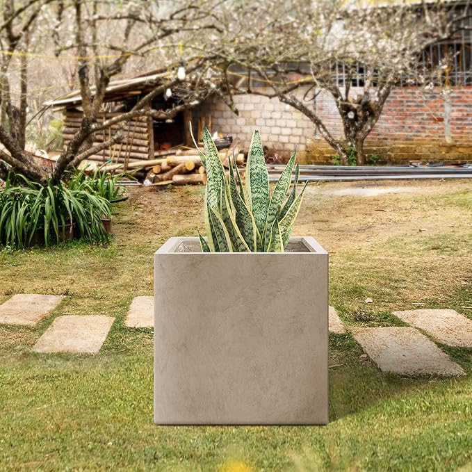 Kante 10 Inch Square Concrete Planter for Outdoor Indoor Home Patio Garden, Large Plant Pot with Drainage Hole and Rubber Plug, Weathered Concrete