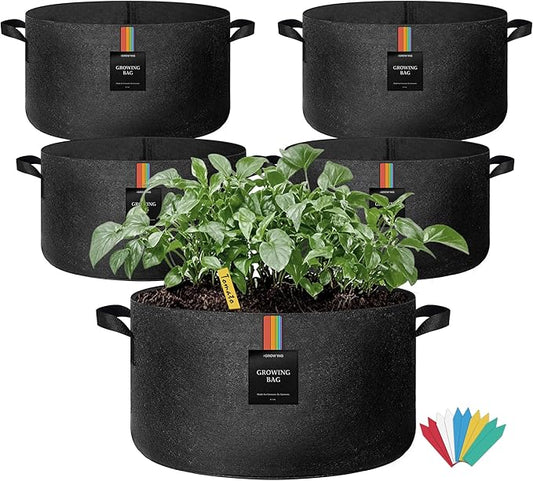 The Growing 5 Pack 30 Gallon Fabric Grow Bags,Thickened Aeration Nonwoven Fabric Plant Pots with Durable Handles,Heavy Duty 300G Planter Pot for Tomato, Fruits, Vegetables and Flowers, Black