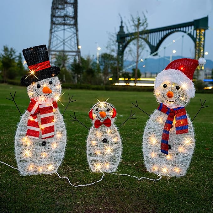 TW SHINE Lighted Christmas Snowman Outdoor Decoration, 3-Piece Pre-Lit 2D Snowman Family Set with 55 Warm White Lights, Christmas Yard Decorations for Patio Lawn Garden Decor, 20.5X9X29.5Inch-Large