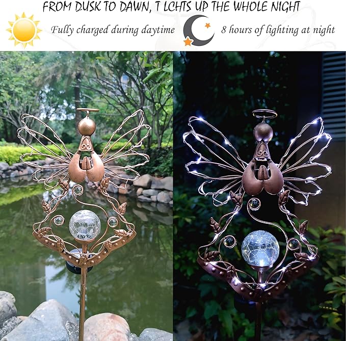 Solar Angel Outdoor Lights Garden Stake - Metal Angel Crackle Glass Ball Solar Light- Waterproof 31 White LED for Garden Lawn Patio or Courtyard Decor(Bronze)