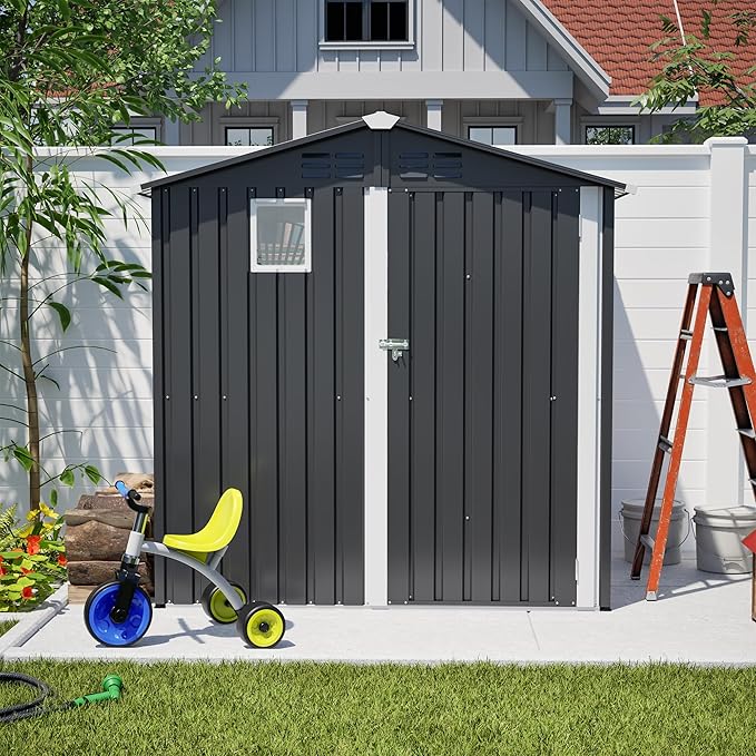 6x4 Ft Metal Outdoor Storage Shed with Window & Floor Base, 0.25mm Galvanized Steel Metal Garden Shed Waterproof with Lockable Door for Backyard, Patio, Garden, Dark Grey