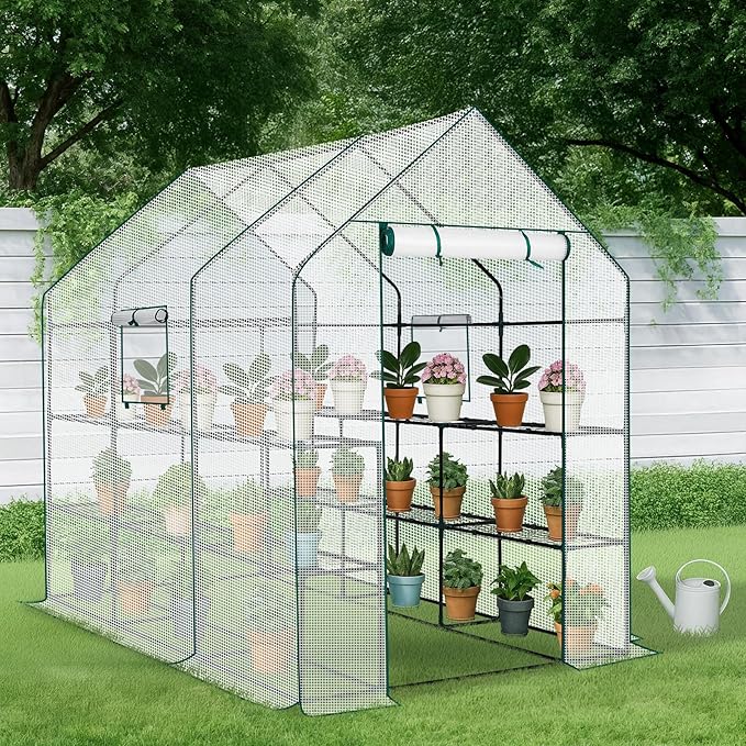 Outvita Walk-in Greenhouse, Outdoor Durable PE Plant Green House for Frost Protection with 3 Tiers 12 Shelves, Shelf Clips, Roll-up Zipper Door, 56"x85"x77" White