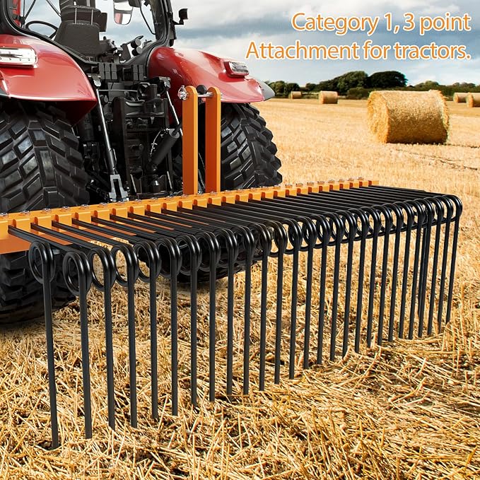 60" Durable Powder Coated, Steel Pine Grass Rake, Steel Spring Landscape Rake, Cat 0 Cat 1 Attaches to Tractor, 3-Point Hitch, Black + Orange