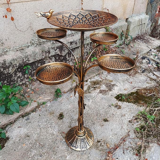 33.5 "H Cast Iron Base Outdoor Bird Bath, Metal Bird Feeding Bowl Tray, Metal Bird Bath Garden Patio Decor