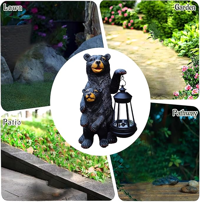 Black Bear Solar Lantern Garden Statues,Loving Bear Figurine Lights for Outside Decoration ,Lawn Outdoor Decor for Patio,Balcony,Yard-Unique Gift for Grandma Wowen Mom