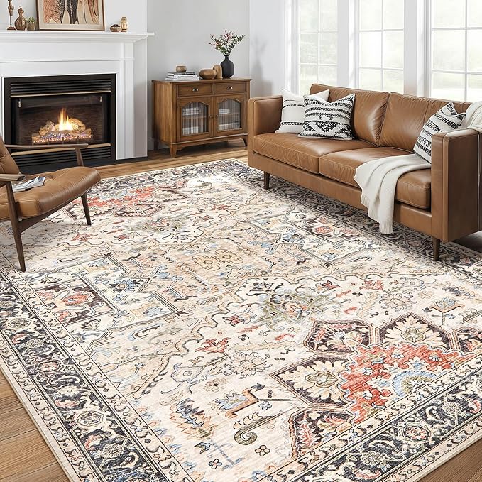 10x14 Area Rugs for Living Room - Large Carpet Ultra Thin Soft Washable Oriental Vintage Floral Distressed Rug Big Indoor Carpets for Bedroom Nursery Dorm Home Decor Aesthetic - Multi