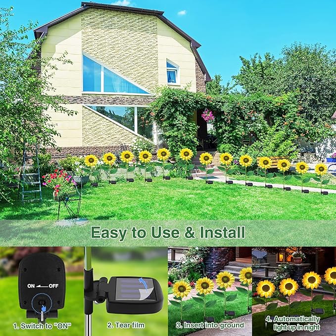 TYNLED Sunflower Solar Garden Lights, 4 Pack Outdoor Solar Powered Garden Stake Lights Waterproof Decoration Flower Landscape Lights for Garden Patio Pathway Backyard