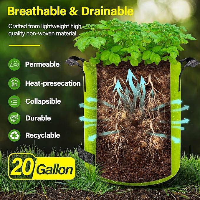 Suntee 6 Pack 20 Gallon Potato Grow Bags with Flap, Thickened Nonwoven Fabric Grow Bags for Growing Potatoes, Colorful Plant Grow Bags Pots Gardening Vegetable Potato Growing Bags with Durable Handles