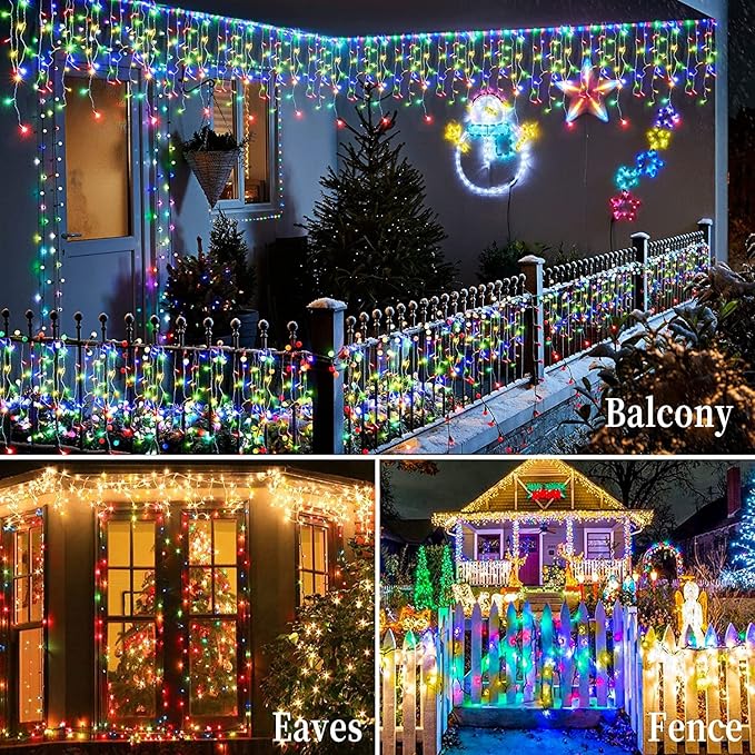 KNONEW Christmas Lights Outdoor Color Changing 400 LED 33ft 11 Modes Curtain Fairy String Light with 75 Drops, Clear Wire LED Lights for Wedding Party Holiday Christmas (Warm White to Multicolor)