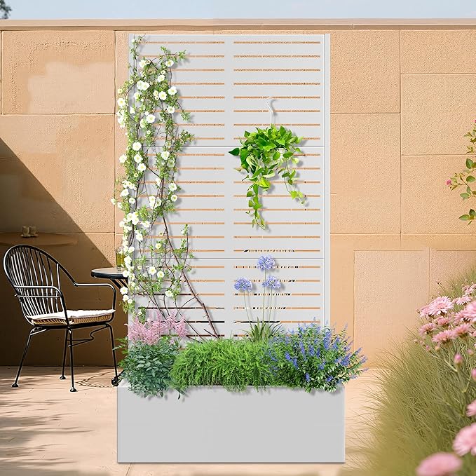 Metal Planter Box with Trellis, Heavy-Duty Raised Garden Bed for Climbing Plants, Drainage Hole, Outdoor Planter Box with Privacy Screen,35''L×16''W×71''H