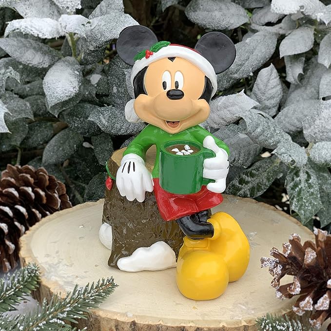 Disney Mickey Mouse Drinking Cocoa Christmas Outdoor Garden Statue, 7 inches Tall, Officially Licensed Disney Product