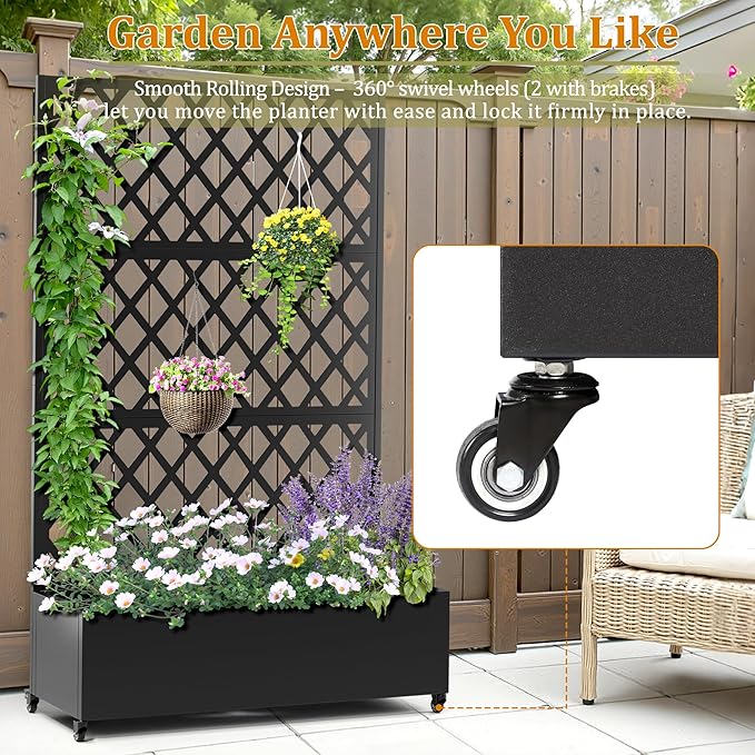 Metal Planter Box with Trellis, Heavy-Duty Raised Garden Bed for Climbing Plants, Drainage Hole, Outdoor Planter Box with Privacy Screen,47''L×16''W×71''H