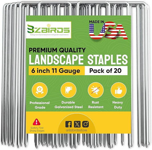 USA Made 20 Pack Landscape Staples 6 inch 11 Gauge Garden Stakes Galvanized Steel | Yard Stakes for Decorations Weed Barrier Fabric | Ground Stakes for Gardening | Fence Stakes Landscape Pins