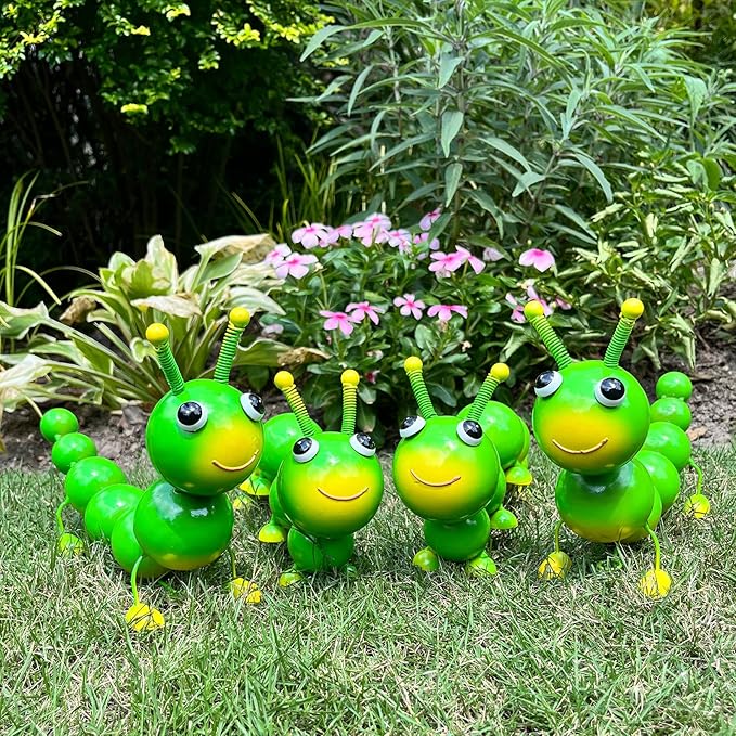 Metal Caterpillar Statue Yard Art Garden Decor for Outside Patio Lawn Ornaments Fence Decorations Gift for Family,Friends,Garden Lovers - Set of 4(Green)
