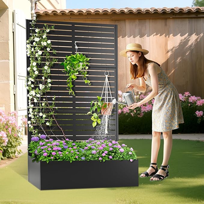 Metal Planter Box with Trellis, Heavy-Duty Raised Garden Bed for Climbing Plants, Drainage Hole, Outdoor Planter Box with Privacy Screen,47''L×16''W×71''H