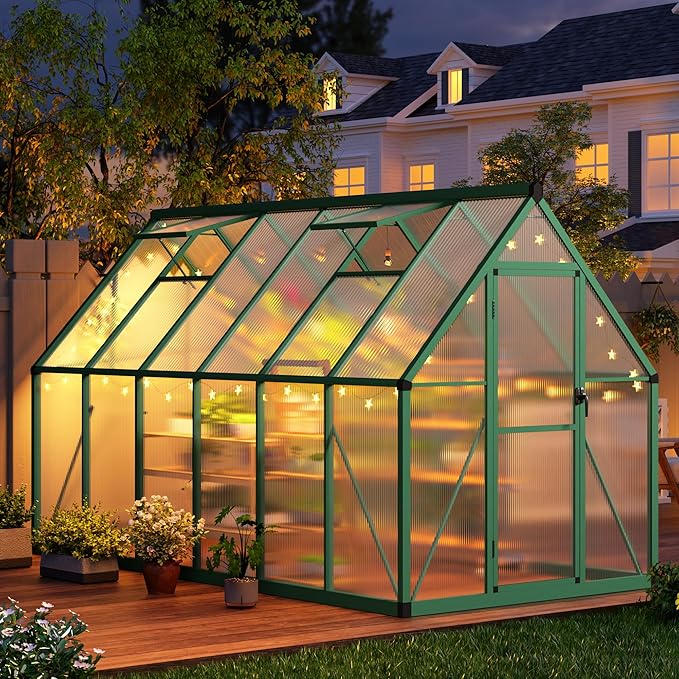 6x11 FT Outdoor Greenhouse, Polycarbonate Greenhouse with Roof Vent and Ground Nails, Aluminum Large Walk-in Green House w/ Lockable Push Door for Outside Garden Backyard (Green, 6x11 FT)