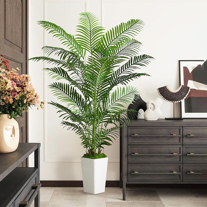 Artificial Palm Tree Artificial Silk Plant Fake Tree with White Tall Planter Faux Tropical Areca Floor Plant in Pot (1, White Tall Planter, 6 FT)