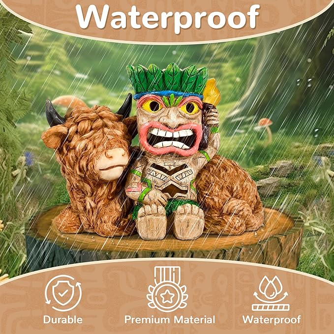 Funny Tiki Highland Cow Solar Garden Statue with LED Light - Outdoor Yard Lawn Patio Decor - Great Birthday Housewarming Gift for Women, Mom, Grandma