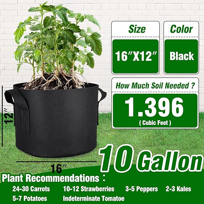 PHYEX 12-Pack 10 Gallon Grow Bags, Thickened 300G Nonwoven Fabric Pots with Reinforced Handles, Planting Bags for Healthy Root Growth, Vegetables, and Flowers, Come with 12 Pcs Plant Labels