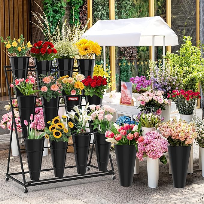 Flower Display Stand with Buckets, 3-Layers 12 PCS Buckets Plant Stand with Wheels, Movable Metal Plant Stand for Terrace Garden, Living Room, Florist Shop