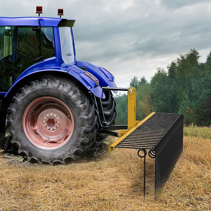 YITAMOTOR 72" Tow Behind Landscape Rake, 3 Point Quick Hitch Lawn Dethatcher Rakes with 32 Steel Tines for Category 1 Tractors, Heavy Duty Powder Coated Finish Tools for Leaves, Pine Needles, Straw