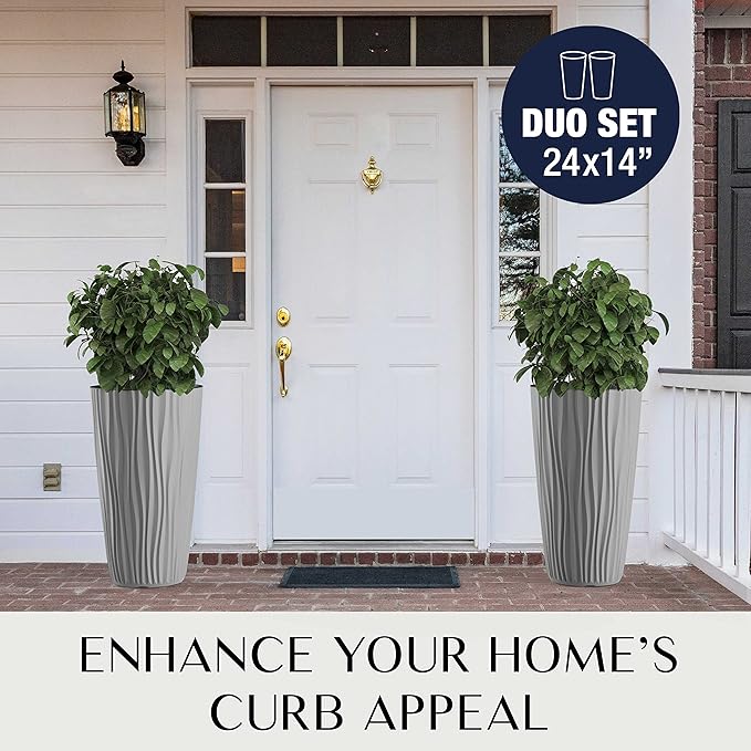 Mueller M-Resin Heavy Duty Tall Planter, Indoor/Outdoor Grande Plant, Tree, Flower Pot, 2-Piece Set, 24”, Modern Design, Built-in Drainage, Light Grey