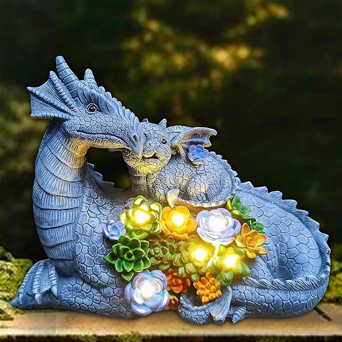 Solar Dragon Garden Statues Outdoor Decor, Resin Dragon Figurine with Succulent and 6 LED Lights Lawn Patio Balcony Art Decoration,Housewarming Birthday Gifts for Grandma Mom Women