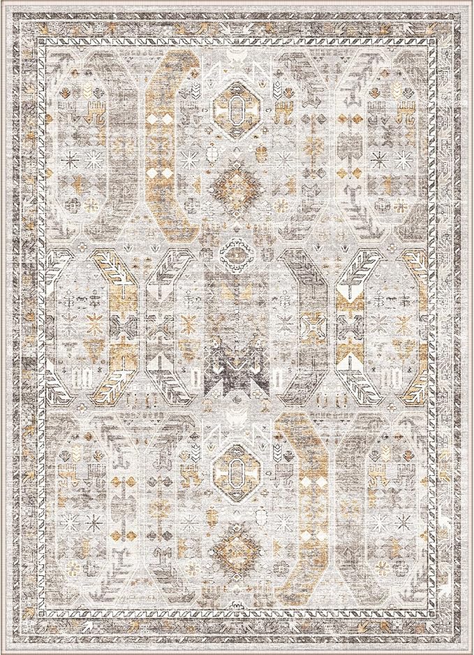 10x14 Area Rugs,Ultra-Thin Washable Rugs for Living Room,Non-Slip Lightweight Foldable Area Rug,Stain Resistant Vintage Large Rugs (Brown/Gold, 10'x14')
