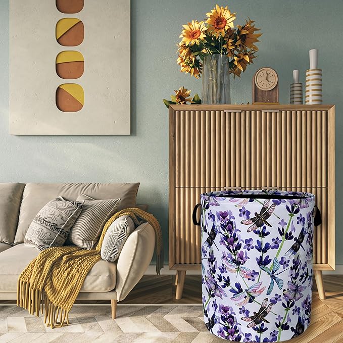 Dragonfly Laundry Basket Foldable With Handles Purple Floral Tote Bag Oxford Cloth Colorful Laundry Hamper Clothes Storage Bucket Toy Organizer For Bathroom/Laundry/Bedroom 18.9" x 16.5 "