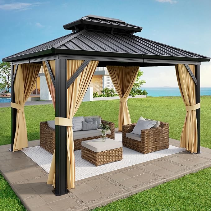 10x12 ft Hardtop Gazebo with Double Roof, Outdoor Heavy Duty Aluminum Gazebo with Netting, All-Weather Protection Metal Canopy for Patio, Garden, Poolside, Poolside (Khaki)