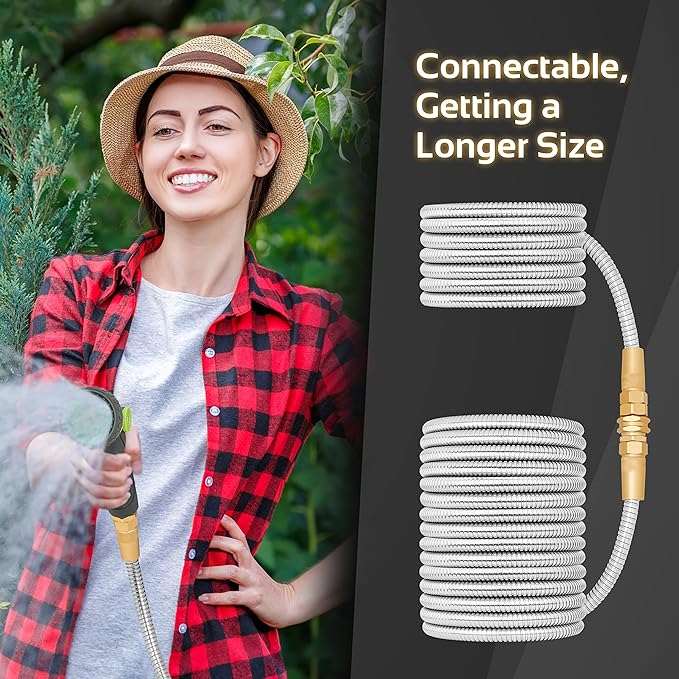 Garden Hose Metal - 75ft Heavy Duty Stainless Steel Water Hose with 8 Function Sprayer & Metal Fittings, Flexible, Lightweight, No Kink, Puncture Proof Hose for Yard, Outdoors, Rv