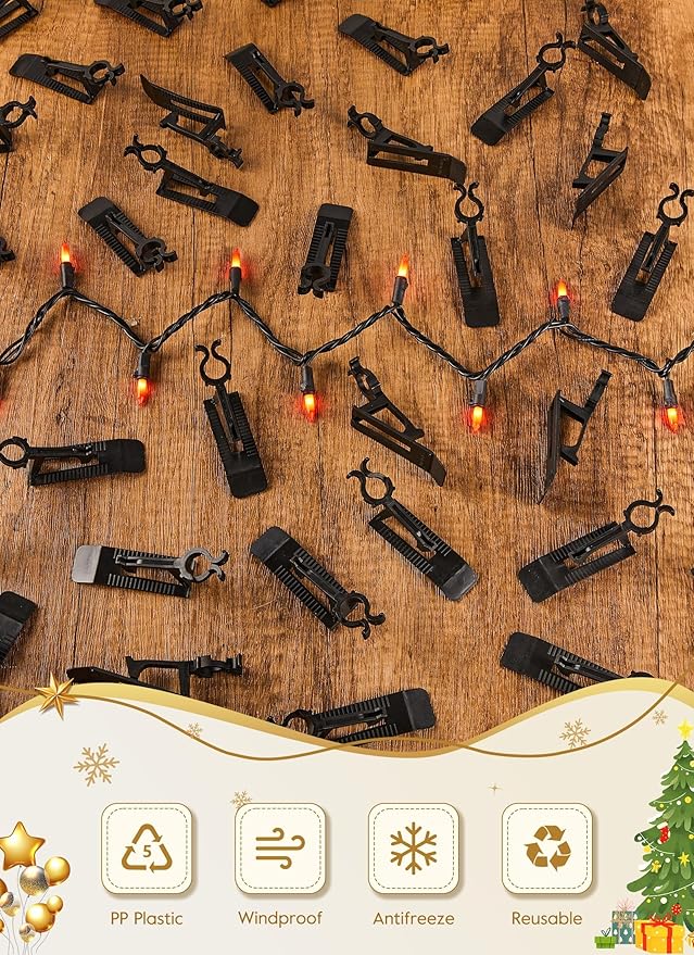 Universal Christmas Lights Shingle Clips, 100 Count All in One Gutter Clips, Shatterproof All Purpose for C7/E12, C9/E17, Mini String, Rope Lights, Christmas Decorations, Black