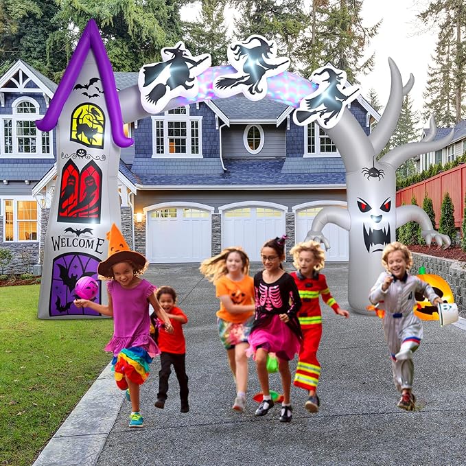 Capoda 14 FT Inflatable Halloween Archway - Castle Witch Dead Tree Blow Up Arch, Build-in Colorful LED Lights for Entryway Garden Yard Lawn Halloween Inflatables Outdoor Decorations