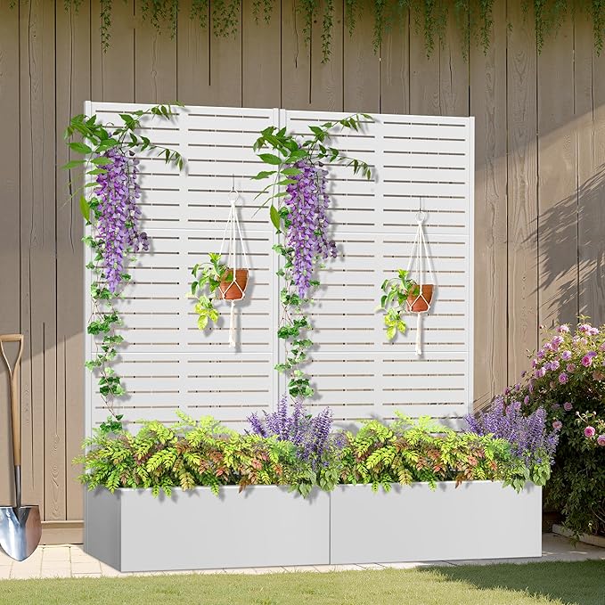 Metal Planter Box with Trellis, Heavy-Duty Raised Garden Bed for Climbing Plants, Drainage Hole, Outdoor Planter Box with Privacy Screen,35''L×16''W×71''H