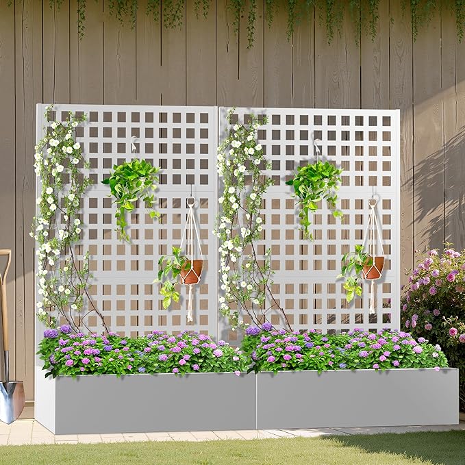 Metal Planter Box with Trellis, Heavy-Duty Raised Garden Bed for Climbing Plants, Drainage Hole, Outdoor Planter Box with Privacy Screen,47''L×16''W×71''H