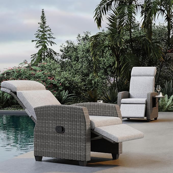 Indoor Outdoor Wicker Recliner Chair with Flip-Up Table Air Pump 155° Lay Flat, Adjustable Wicker Lounge Recliner Chair with Independently Backrest and Footrest Set of 2
