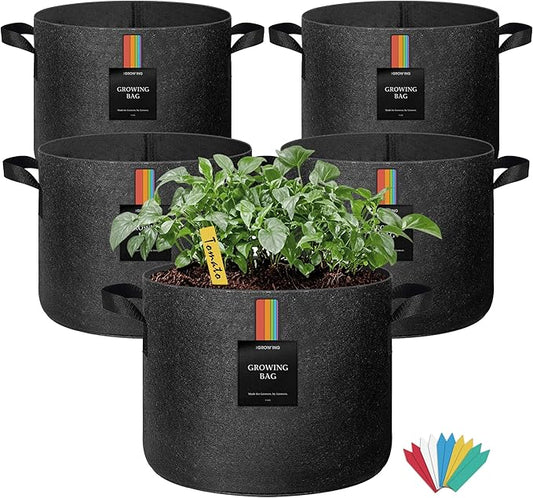 The Growing 5 Pack 5 Gallon Fabric Grow Bags,Thickened Aeration Nonwoven Fabric Plant Pots with Durable Handles,Heavy Duty 300G Planter Pot for Tomato, Fruits, Vegetables and Flowers, Black